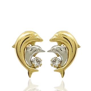 Foto de 70-1102 - PENDIENTES DOS DELFINES BICOLOR CIRCONITA 14MM CATALÁN 18K